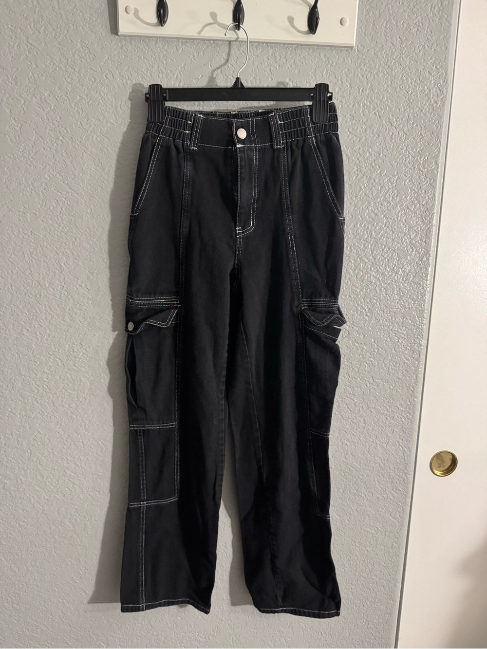 Women's Black Cargo Jeans with White Stitching